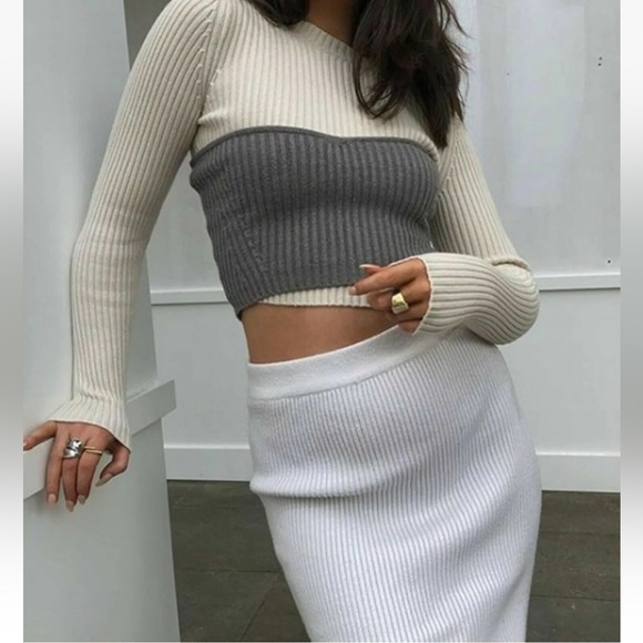 Zara Stone Grey Knit Tube Corset Bustier Crop Sweetheart Top Minimal Size S NWT - Picture 3 of 16